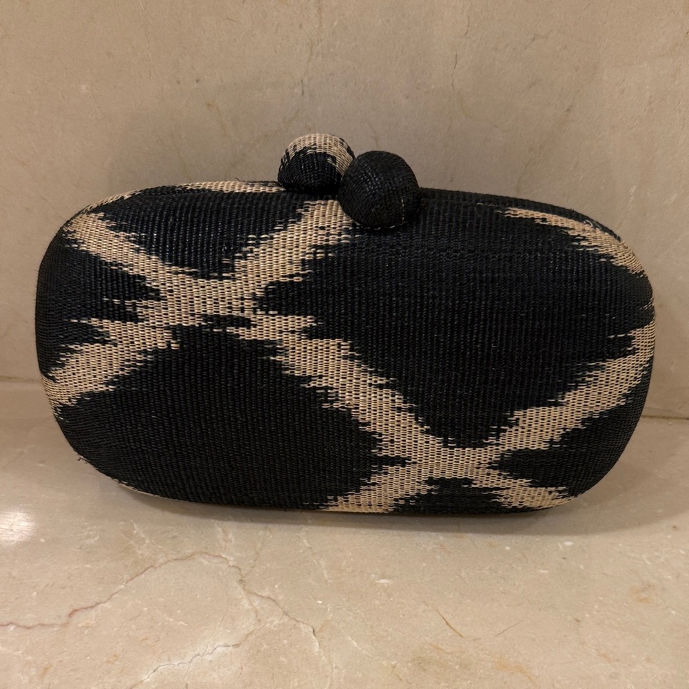 Sam Edelman Black and Beige Woven Knot-Top Clutch